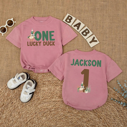 One Lucky Duck Personalized 1st Birthday Romper, Custom Name Mallard Outfit, Green and Brown Duckling Party, First Birthday Outfit, Baby Boy Gift (139)