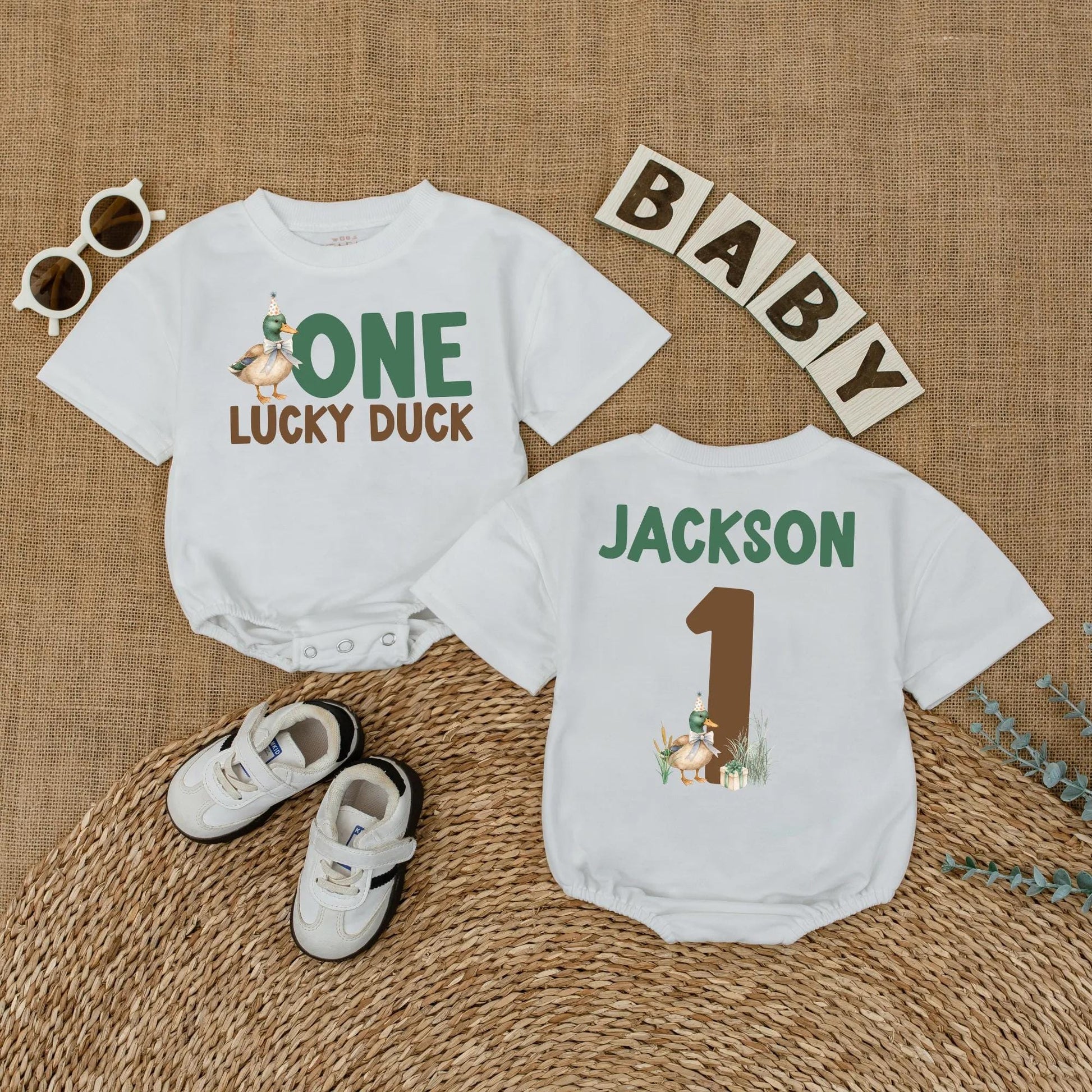 One Lucky Duck Personalized 1st Birthday Romper, Custom Name Mallard Outfit, Green and Brown Duckling Party, First Birthday Outfit, Baby Boy Gift (139)