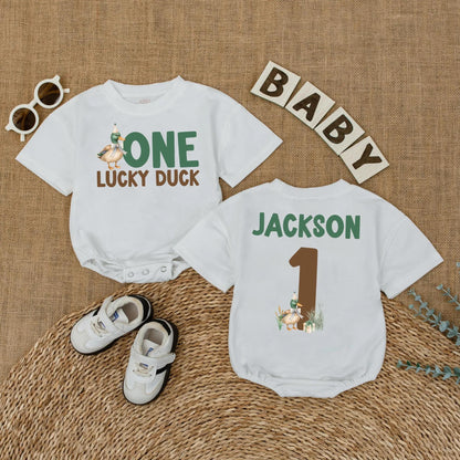 One Lucky Duck Personalized 1st Birthday Romper, Custom Name Mallard Outfit, Green and Brown Duckling Party, First Birthday Outfit, Baby Boy Gift (139)