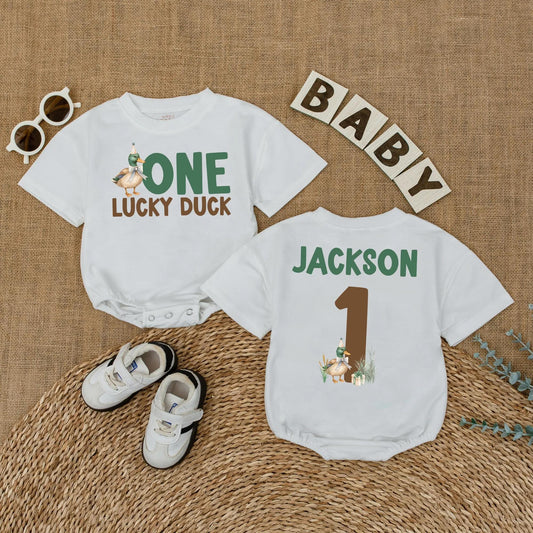 One Lucky Duck Personalized 1st Birthday Romper, Custom Name Mallard Outfit, Green and Brown Duckling Party, First Birthday Outfit, Baby Boy Gift (139)