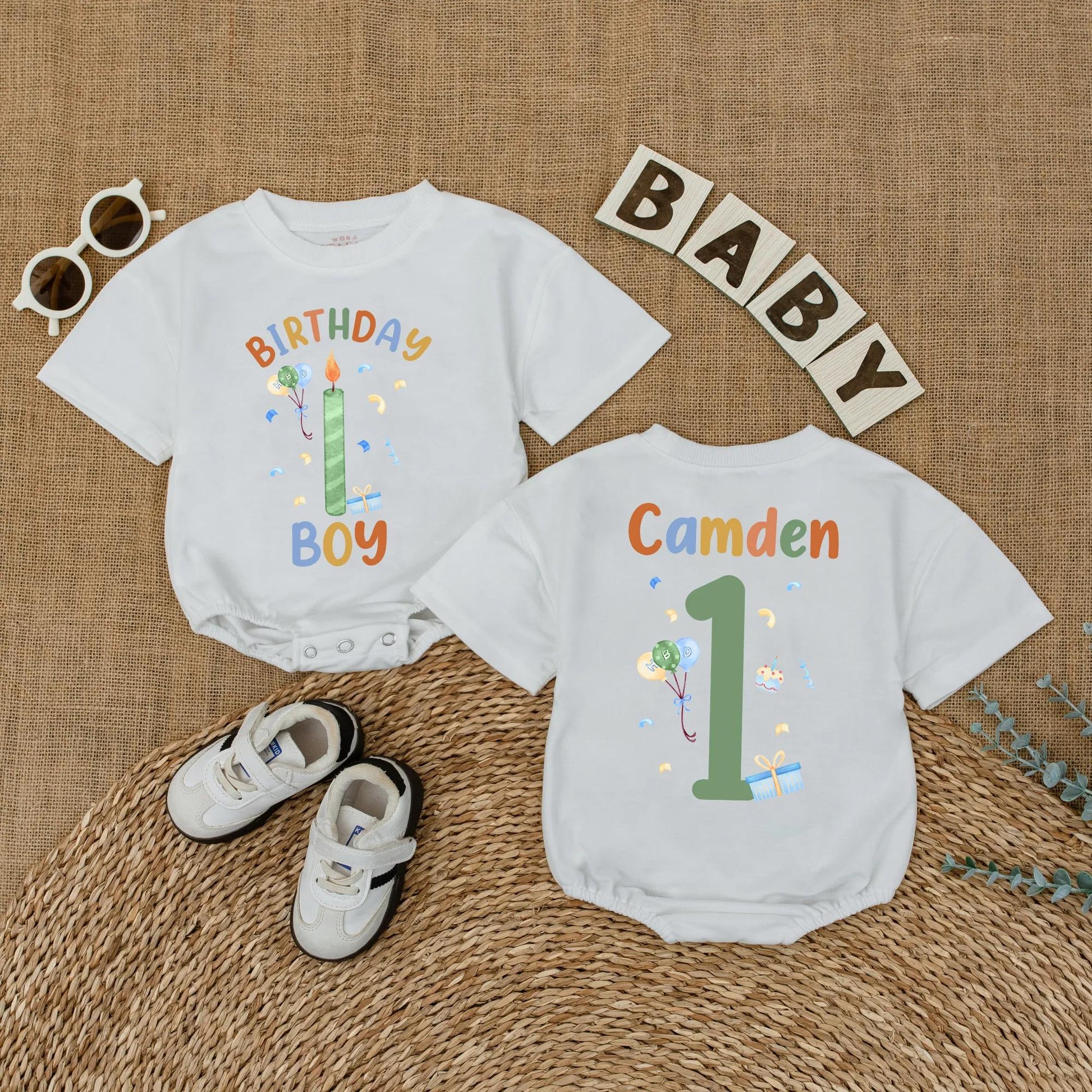 Personalized 1st Birthday Boy Romper, Custom Name Outfit, Fun Balloons & Confetti Design, First Birthday Party Gift, Baby Shower Keepsake (138 chars)