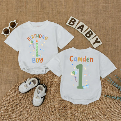 Personalized 1st Birthday Boy Romper, Custom Name Outfit, Fun Balloons & Confetti Design, First Birthday Party Gift, Baby Shower Keepsake (138 chars)