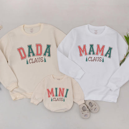 Personalized Retro Mama Dada Mini Claus Family Matching Christmas Sweatshirts Vintage Red Green Block Letter Baby Romper Holiday Outfit