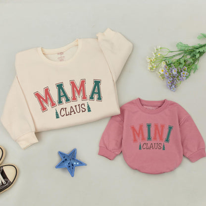 Personalized Retro Mama Dada Mini Claus Family Matching Christmas Sweatshirts Vintage Red Green Block Letter Baby Romper Holiday Outfit