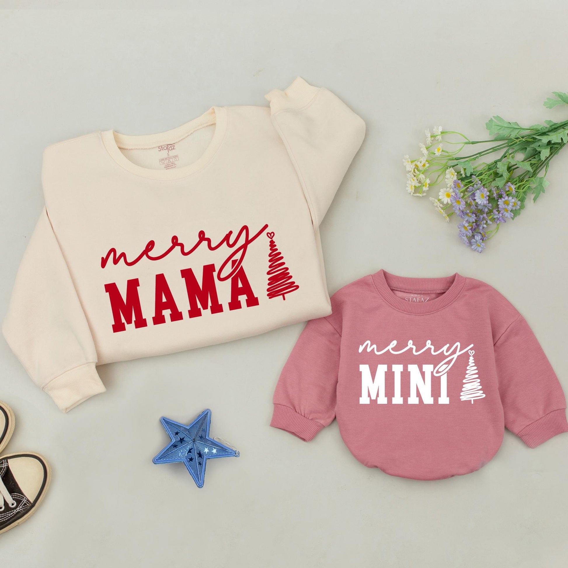 Custom Merry Mama Mini Sweatshirts Red Ink Cursive "Merry" Block "MAMA" "DADA" "MINI" Christmas Tree Heart Family Matching Outfit Mom Baby Gift