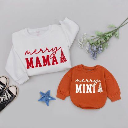 Custom Merry Mama Mini Sweatshirts Red Ink Cursive "Merry" Block "MAMA" "DADA" "MINI" Christmas Tree Heart Family Matching Outfit Mom Baby Gift