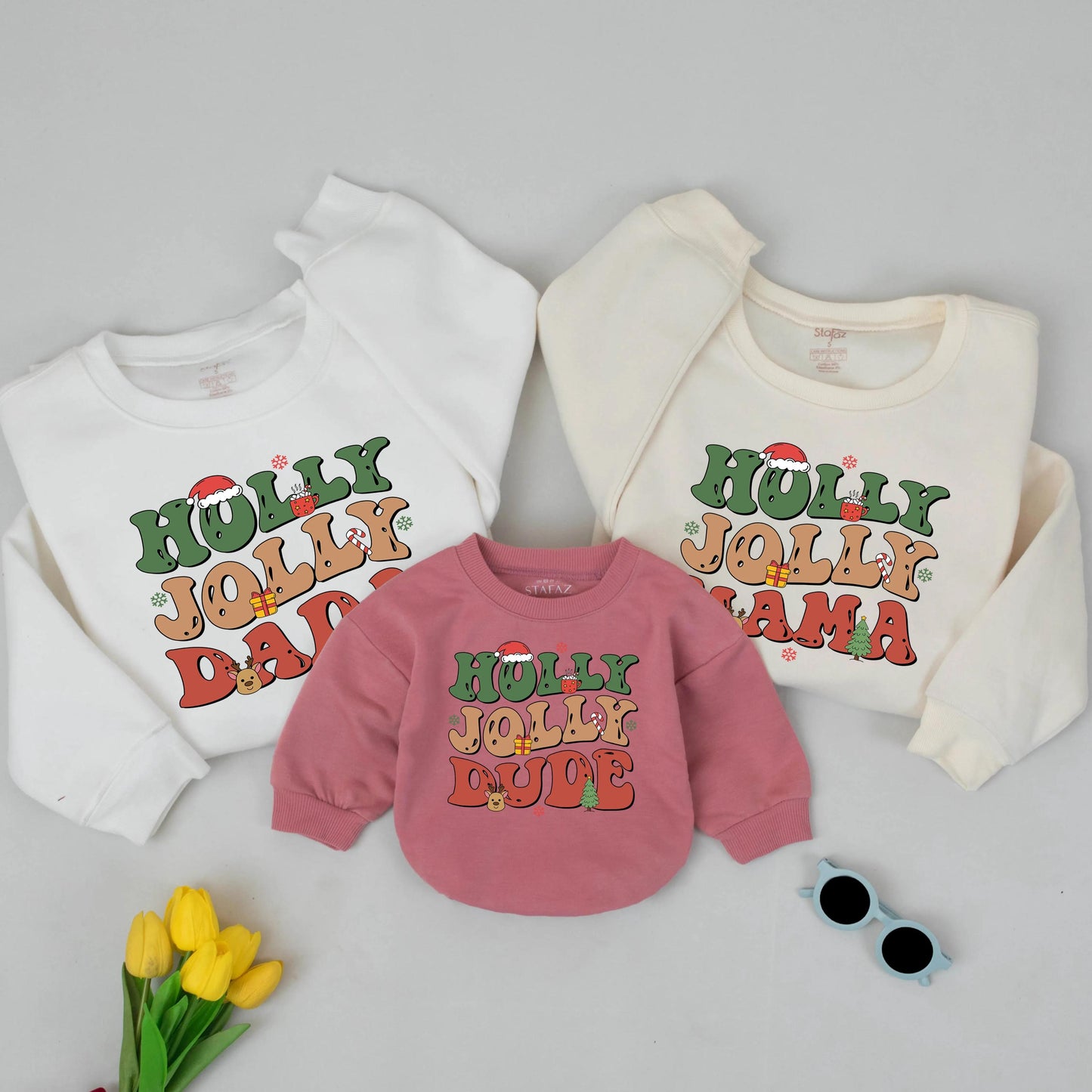 Matching Holly Jolly Family Christmas Outfits, Retro Graphic Tees & Romper, Holiday 2025, Mama, Dada, Dude, Baby Announcement Gift