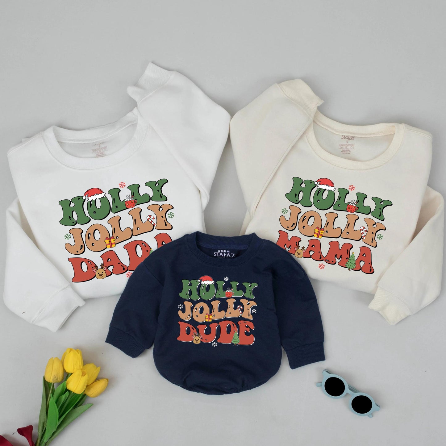 Matching Holly Jolly Family Christmas Outfits, Retro Graphic Tees & Romper, Holiday 2025, Mama, Dada, Dude, Baby Announcement Gift