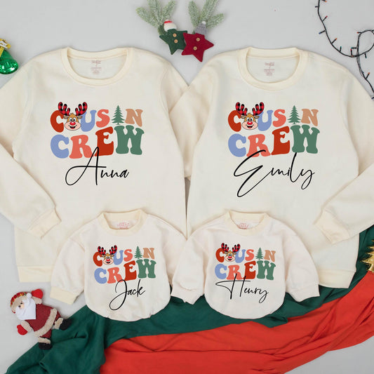 Personalized Christmas Cousin Crew Sweatshirt Toddler Kids Matching Holiday Pullover with Groovy Reindeer Tree Font and Vintage Colors