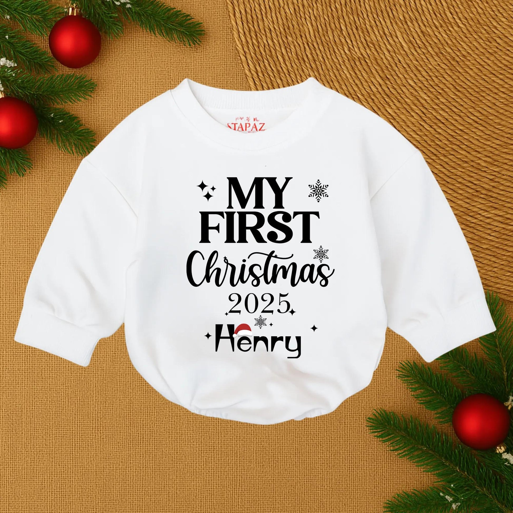 Henry's First Christmas 2025 Baby Bubble Romper Cute Santa Hat Snowflake Stars Personalized Newborn Christmas Boy Outfit Soft Cotton Cozy Festive Holiday Gift