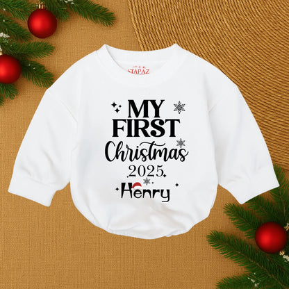 Henry's First Christmas 2025 Baby Bubble Romper Cute Santa Hat Snowflake Stars Personalized Newborn Christmas Boy Outfit Soft Cotton Cozy Festive Holiday Gift