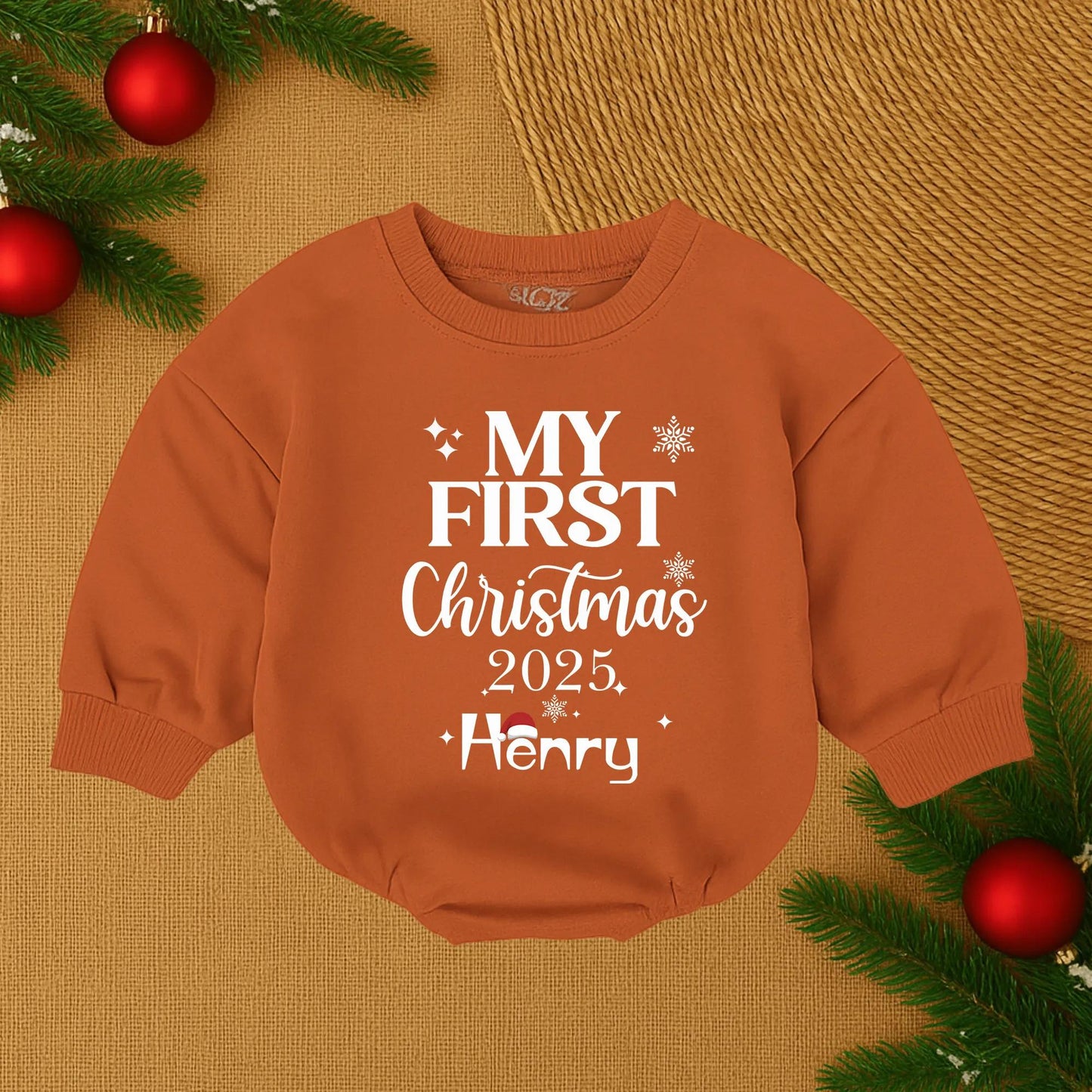 Henry's First Christmas 2025 Baby Bubble Romper Cute Santa Hat Snowflake Stars Personalized Newborn Christmas Boy Outfit Soft Cotton Cozy Festive Holiday Gift