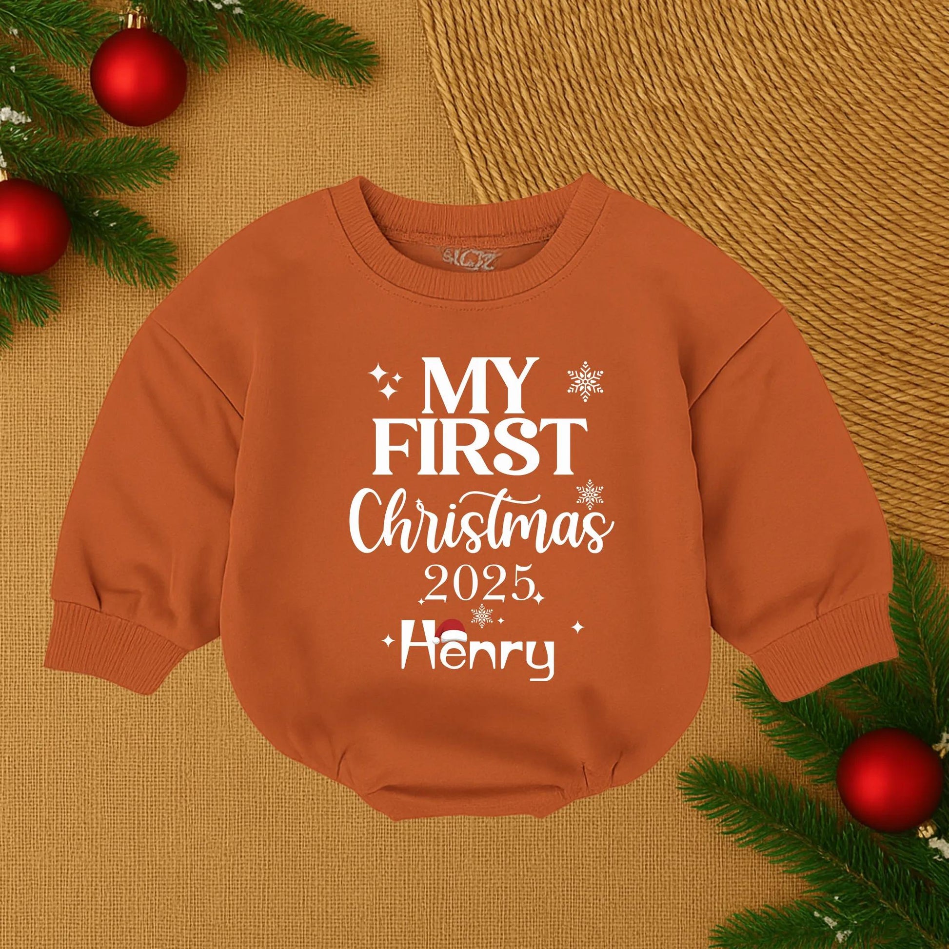 Henry's First Christmas 2025 Baby Bubble Romper Cute Santa Hat Snowflake Stars Personalized Newborn Christmas Boy Outfit Soft Cotton Cozy Festive Holiday Gift