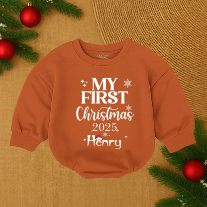 Henry's First Christmas 2025 Baby Bubble Romper Cute Santa Hat Snowflake Stars Personalized Newborn Christmas Boy Outfit Soft Cotton Cozy Festive Holiday Gift