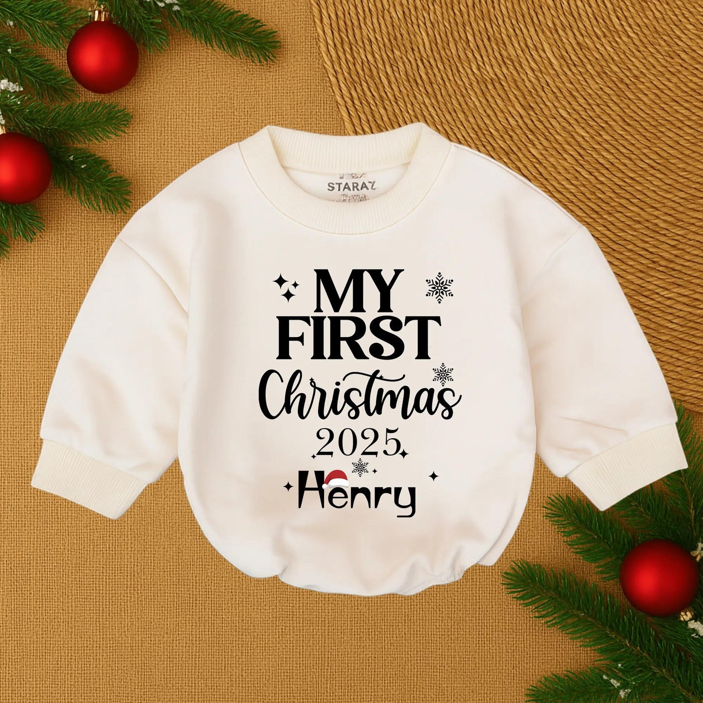 Henry's First Christmas 2025 Baby Bubble Romper Cute Santa Hat Snowflake Stars Personalized Newborn Christmas Boy Outfit Soft Cotton Cozy Festive Holiday Gift