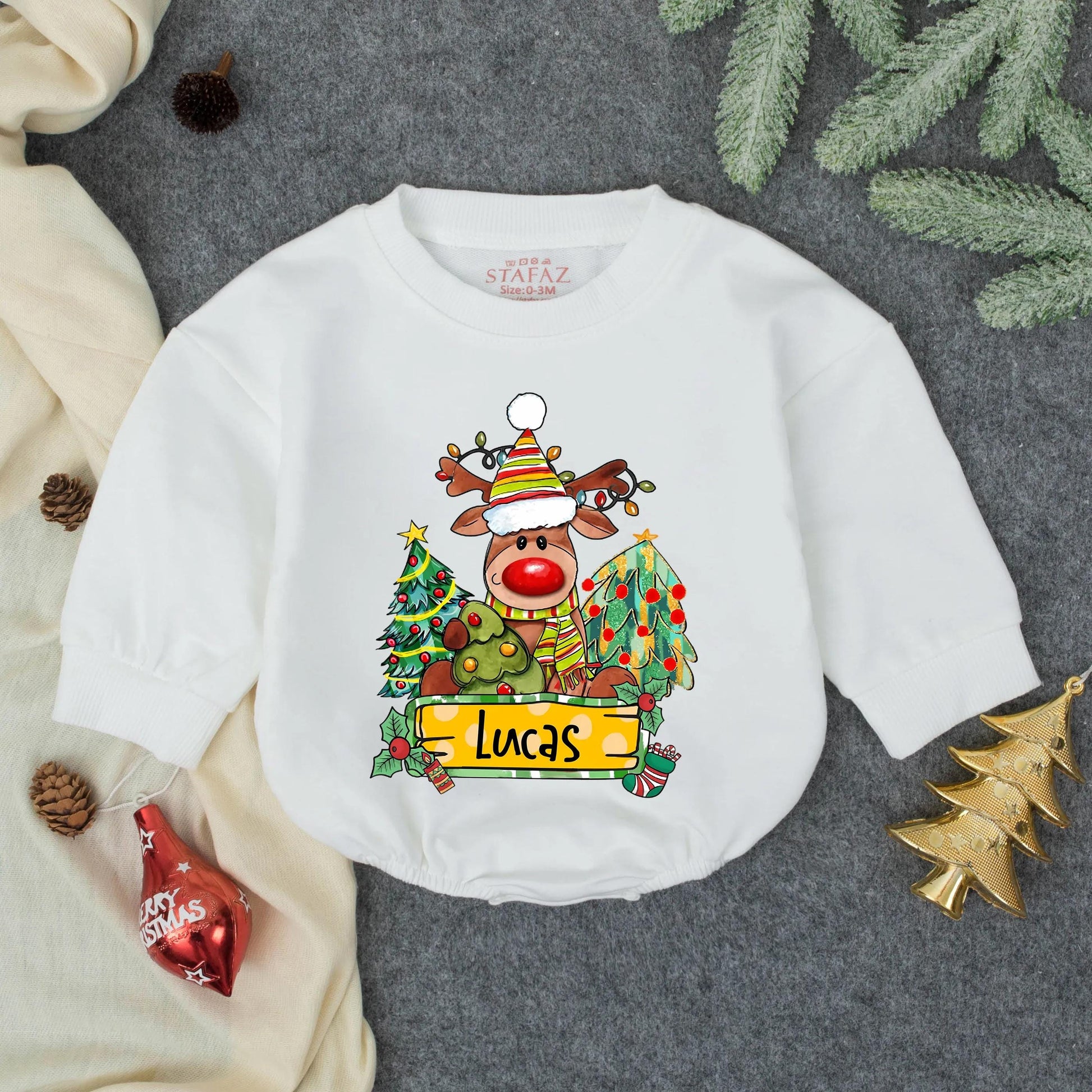 Customized Christmas Boy Reindeer Name Bubble Romper Baby Outfit, Toddler First Christmas Clothes with Festive Striped Hat Antler Lights Holly Design Newborn Winter Gift