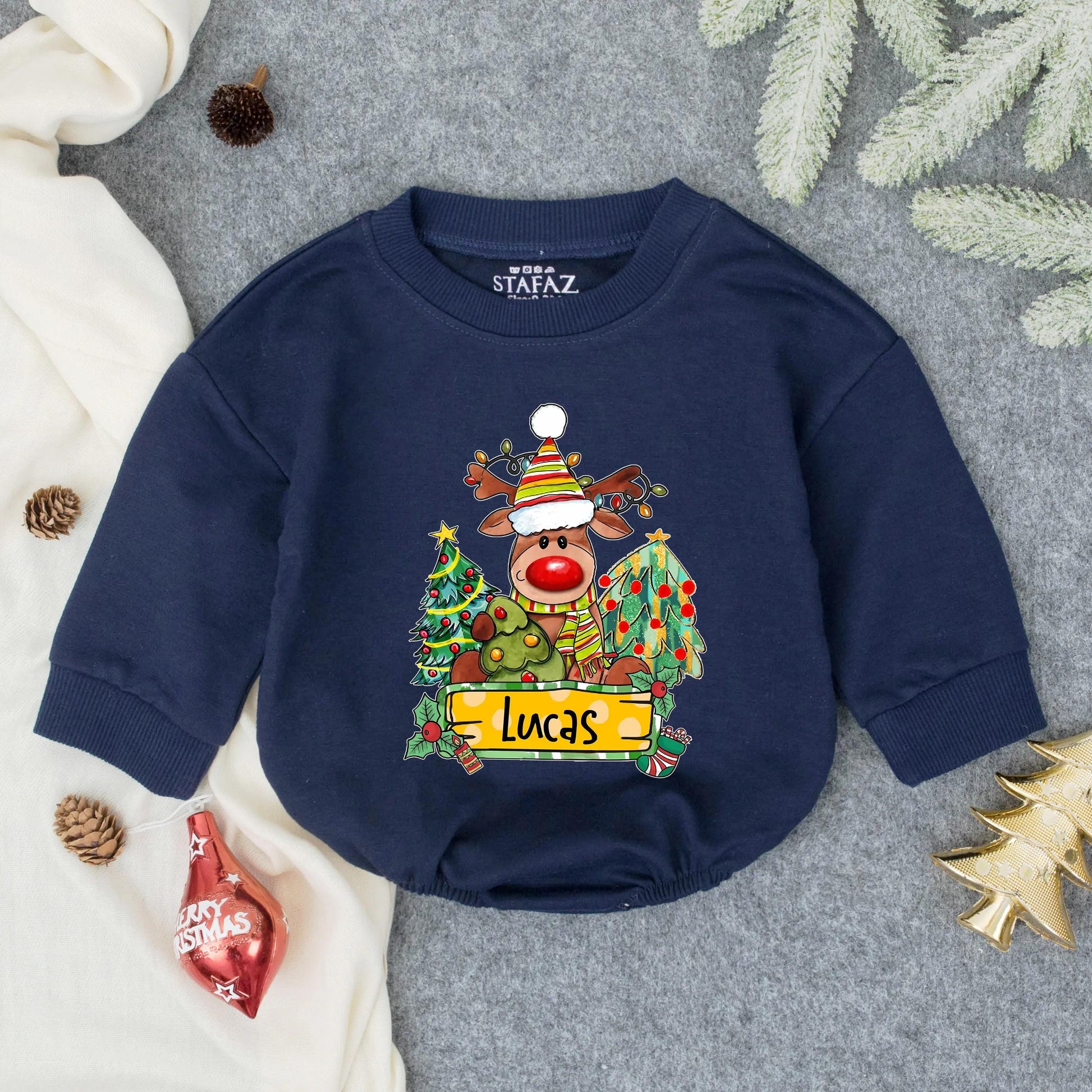 Customized Christmas Boy Reindeer Name Bubble Romper Baby Outfit, Toddler First Christmas Clothes with Festive Striped Hat Antler Lights Holly Design Newborn Winter Gift