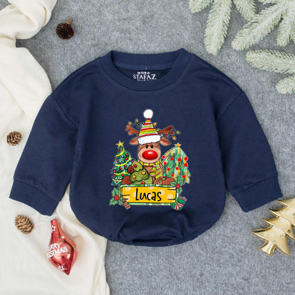 Customized Christmas Boy Reindeer Name Bubble Romper Baby Outfit, Toddler First Christmas Clothes with Festive Striped Hat Antler Lights Holly Design Newborn Winter Gift