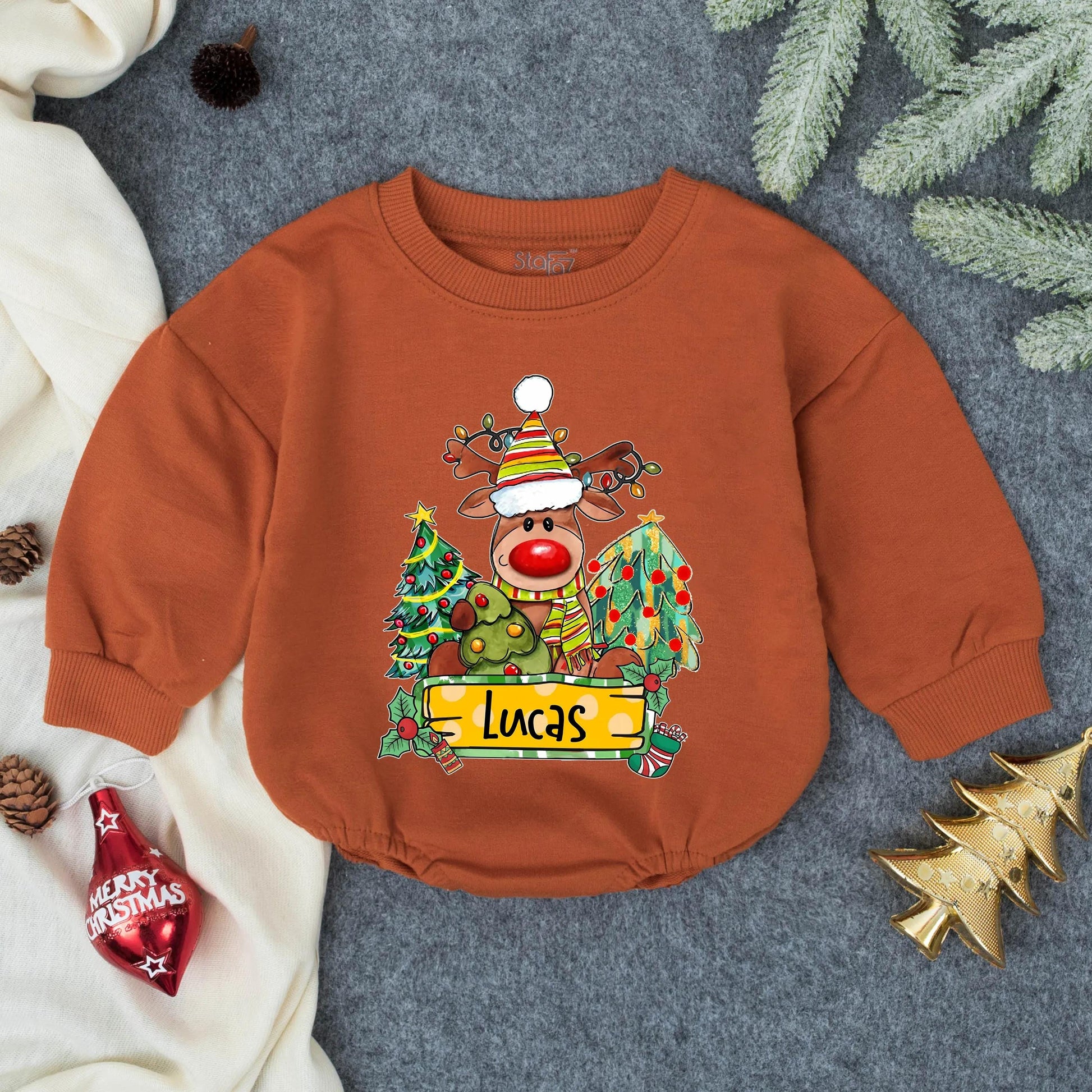 Customized Christmas Boy Reindeer Name Bubble Romper Baby Outfit, Toddler First Christmas Clothes with Festive Striped Hat Antler Lights Holly Design Newborn Winter Gift