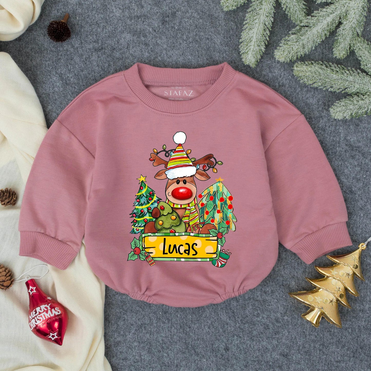 Customized Christmas Boy Reindeer Name Bubble Romper Baby Outfit, Toddler First Christmas Clothes with Festive Striped Hat Antler Lights Holly Design Newborn Winter Gift