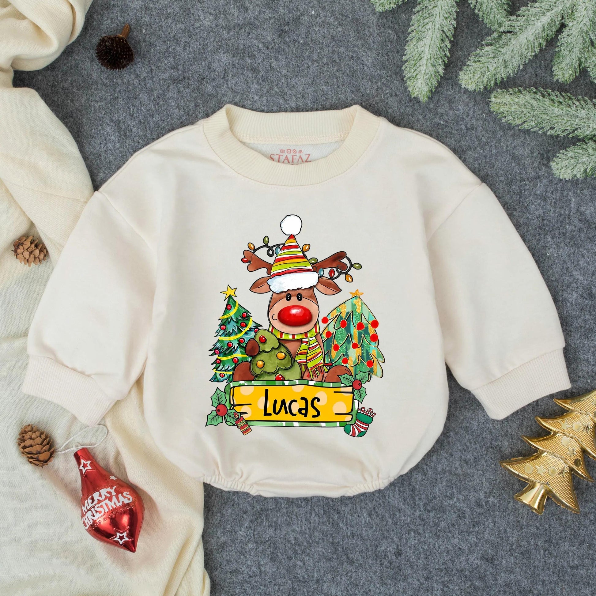 Customized Christmas Boy Reindeer Name Bubble Romper Baby Outfit, Toddler First Christmas Clothes with Festive Striped Hat Antler Lights Holly Design Newborn Winter Gift