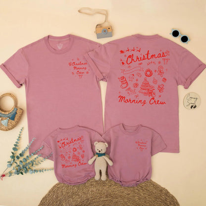 Christmas Morning Crew Matching Family Shirts, Vintage Holiday Outfits, Santa, Xmas Trees & Candy Canes Festive Graphic Tees, Mommy and Me Gift Sets (139 chars)