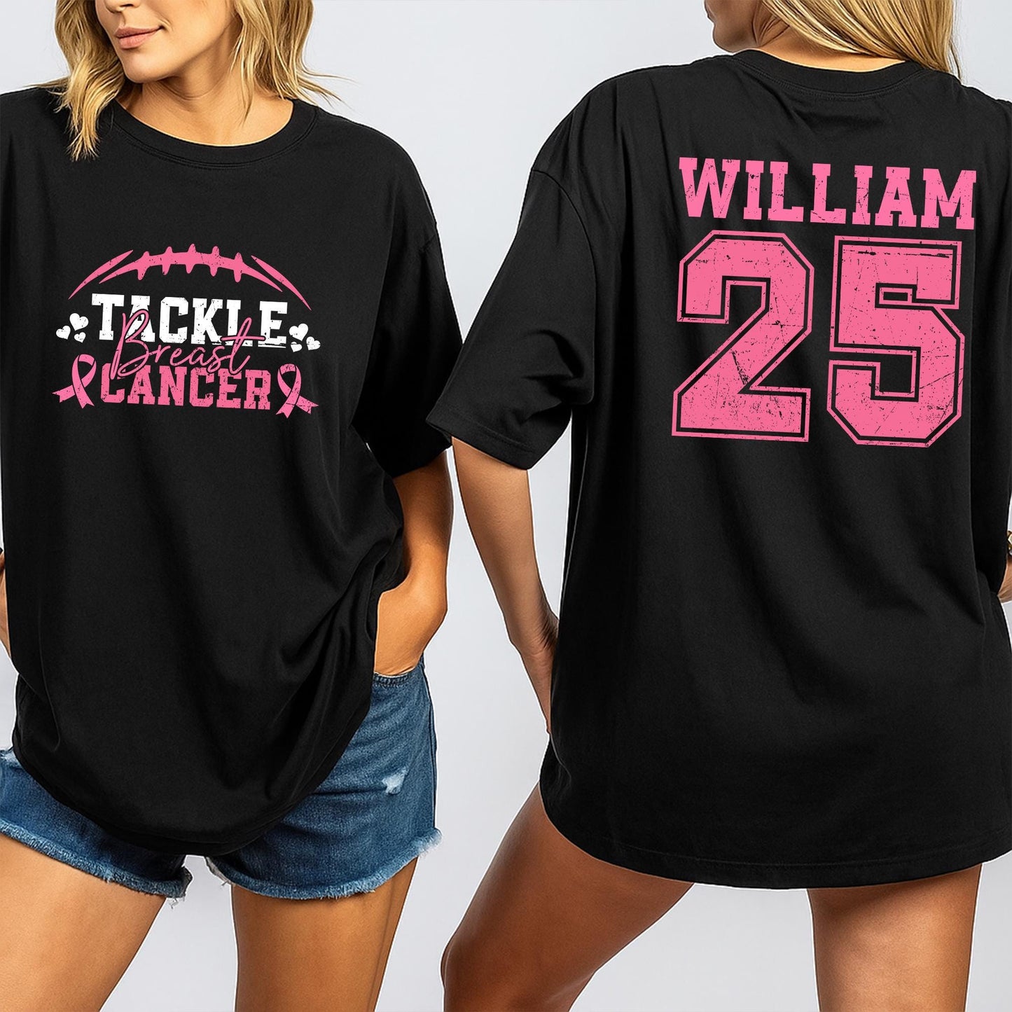 Personalized Name and Number Tackle Breast Cancer Football Awareness Shirt Pink Ribbon William 25 Vintage Style Supporter Warrior Tee Gift