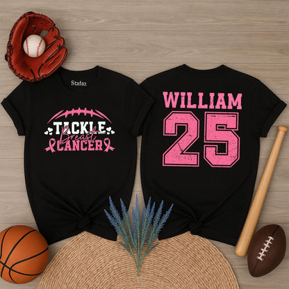 Personalized Name and Number Tackle Breast Cancer Football Awareness Shirt Pink Ribbon William 25 Vintage Style Supporter Warrior Tee Gift