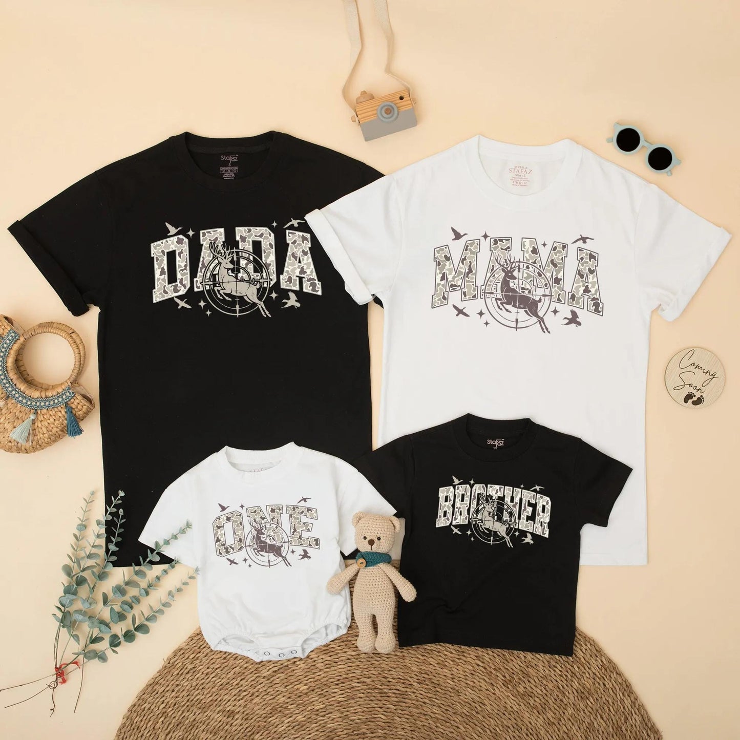 Personalized Hunting Deer First Birthday Matching Family Shirts and Boy Romper Camo Party Outfits for Mom Dad One Year Old Celebration