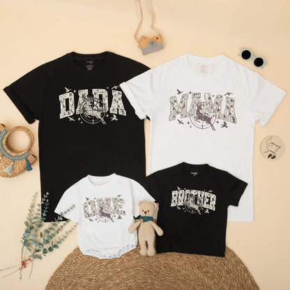 Personalized Hunting Deer First Birthday Matching Family Shirts and Boy Romper Camo Party Outfits for Mom Dad One Year Old Celebration