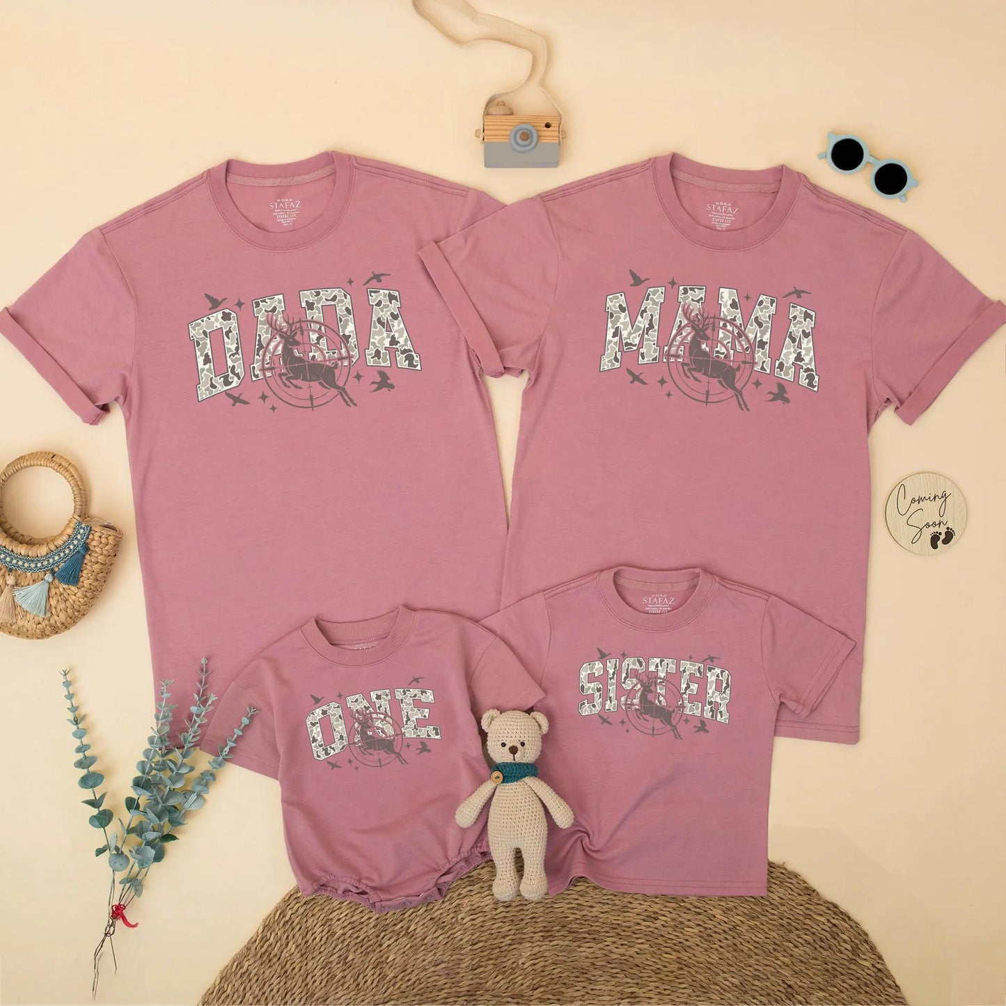Personalized Hunting Deer First Birthday Matching Family Shirts and Boy Romper Camo Party Outfits for Mom Dad One Year Old Celebration