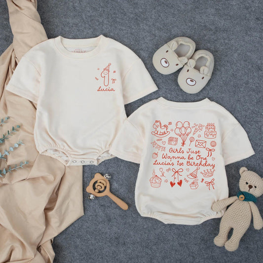 Personalized Lucia's First Birthday Girl Romper with "Girls Just Wanna Be One" Design Infant Outfit Playful Party Celebration Graphics