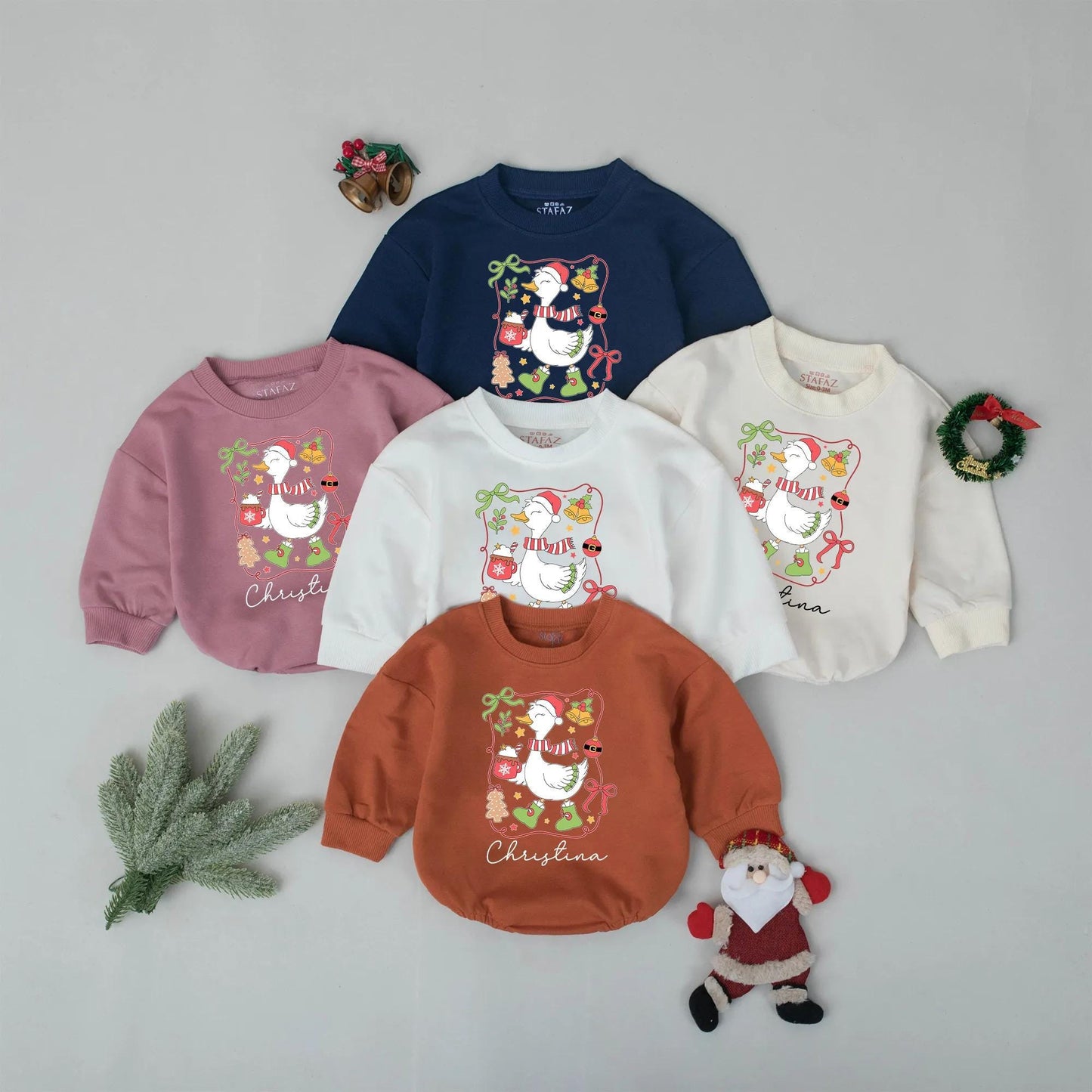 Personalized Goose Christmas Romper: Custom Baby Name Outfit, Festive Santa Hat, Hot Cocoa, & Booties - Whimsical Infant Holiday Clothes & Gift!