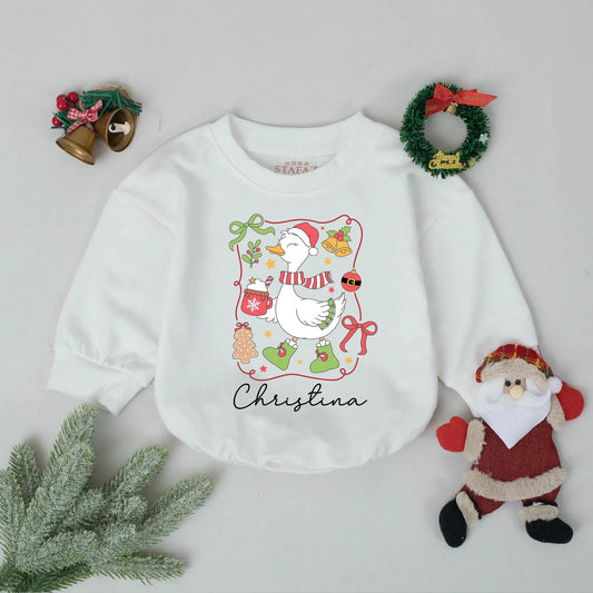 Personalized Goose Christmas Romper: Custom Baby Name Outfit, Festive Santa Hat, Hot Cocoa, & Booties - Whimsical Infant Holiday Clothes & Gift!