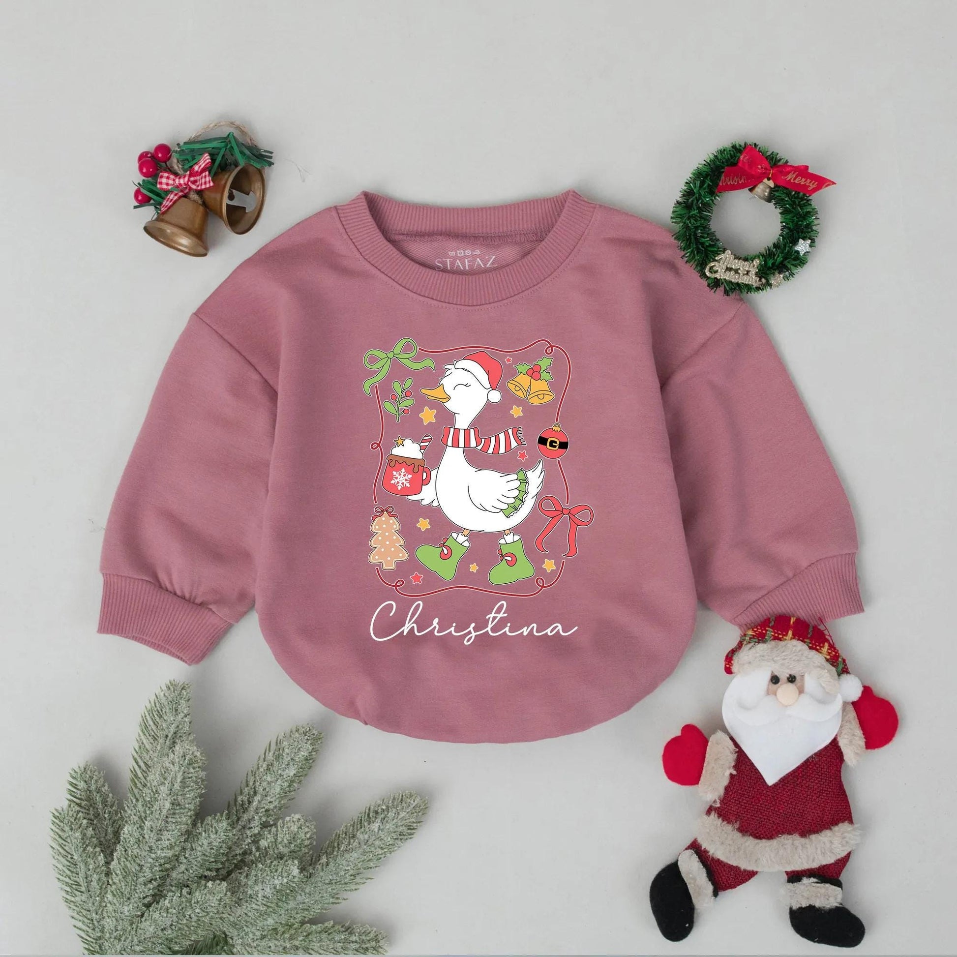 Personalized Goose Christmas Romper: Custom Baby Name Outfit, Festive Santa Hat, Hot Cocoa, & Booties - Whimsical Infant Holiday Clothes & Gift!