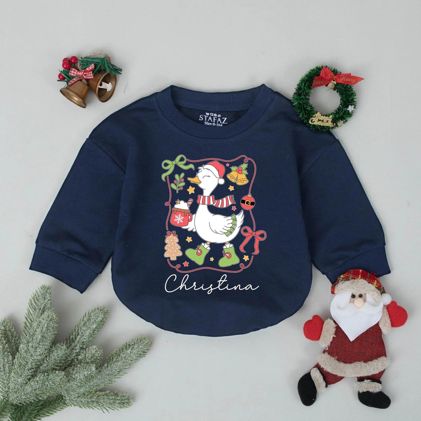 Personalized Goose Christmas Romper: Custom Baby Name Outfit, Festive Santa Hat, Hot Cocoa, & Booties - Whimsical Infant Holiday Clothes & Gift!