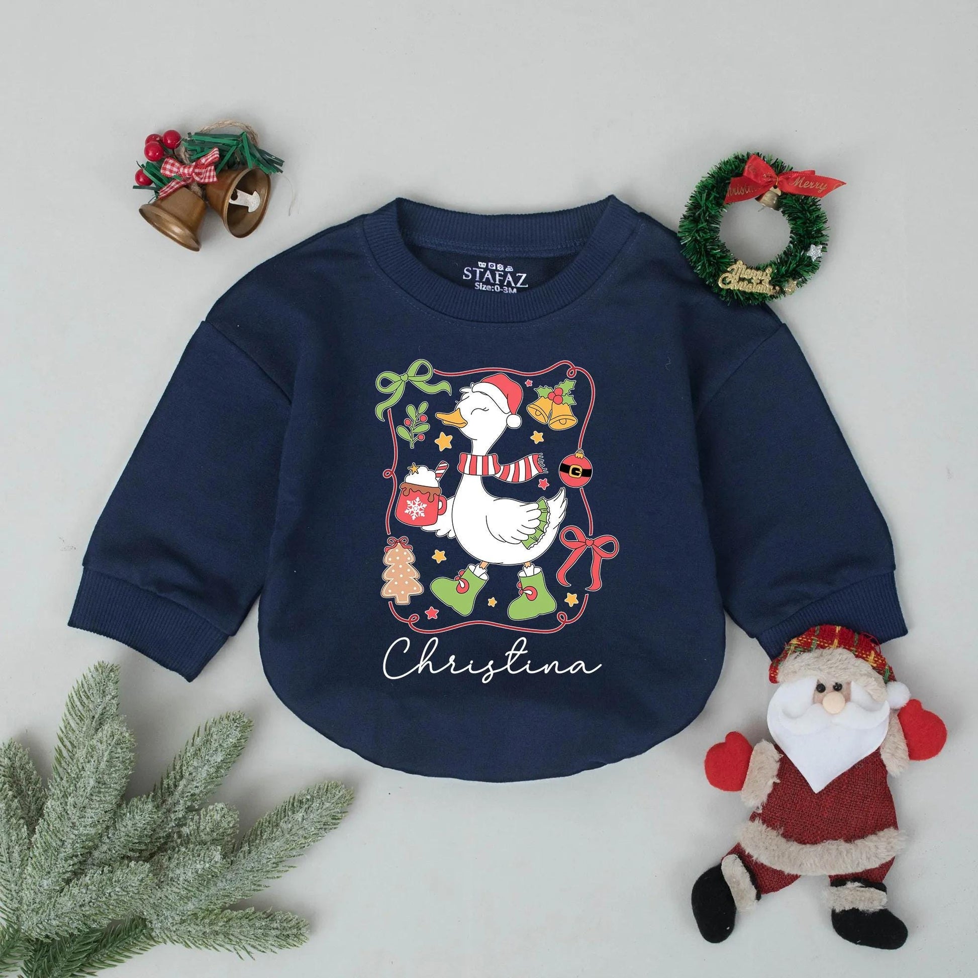 Personalized Goose Christmas Romper: Custom Baby Name Outfit, Festive Santa Hat, Hot Cocoa, & Booties - Whimsical Infant Holiday Clothes & Gift!