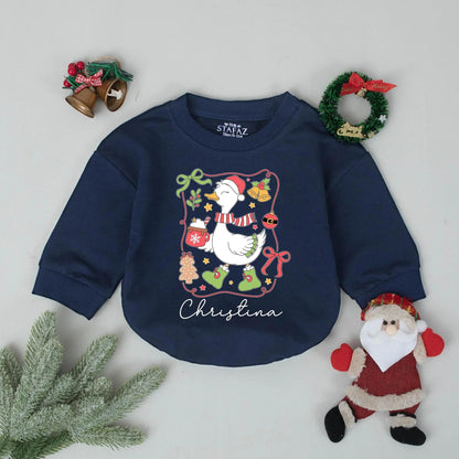 Personalized Goose Christmas Romper: Custom Baby Name Outfit, Festive Santa Hat, Hot Cocoa, & Booties - Whimsical Infant Holiday Clothes & Gift!
