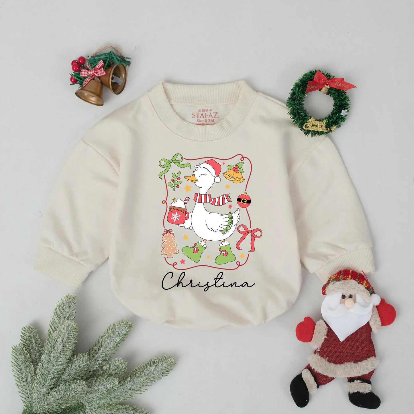 Personalized Goose Christmas Romper: Custom Baby Name Outfit, Festive Santa Hat, Hot Cocoa, & Booties - Whimsical Infant Holiday Clothes & Gift!