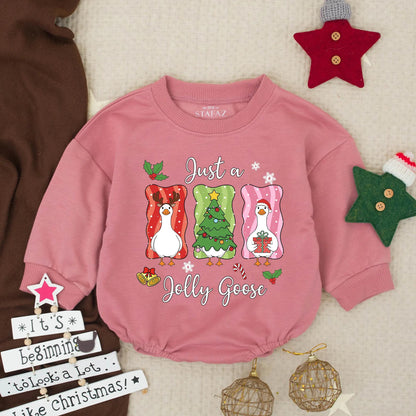 Just a Jolly Goose Christmas Bubble Romper Funny Cartoon Geese Festive Red Green Pink Gold Baby Toddler Outfit Cute Gift