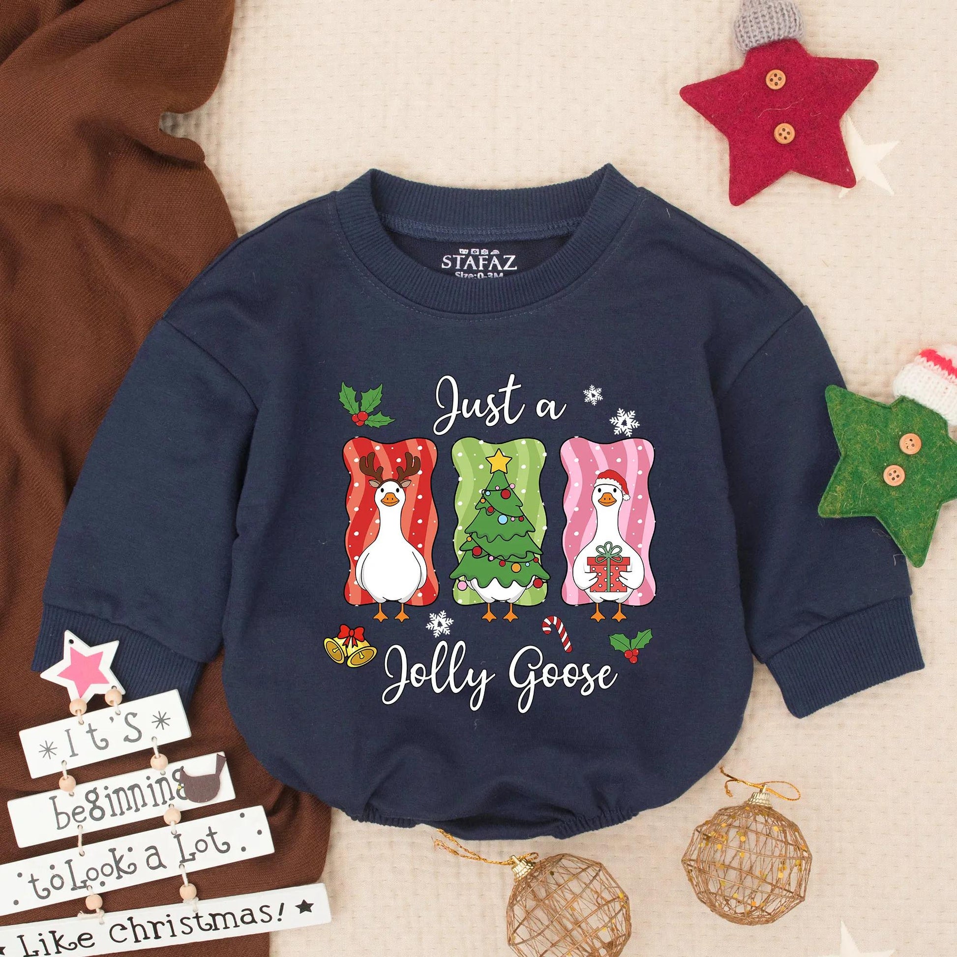 Just a Jolly Goose Christmas Bubble Romper Funny Cartoon Geese Festive Red Green Pink Gold Baby Toddler Outfit Cute Gift