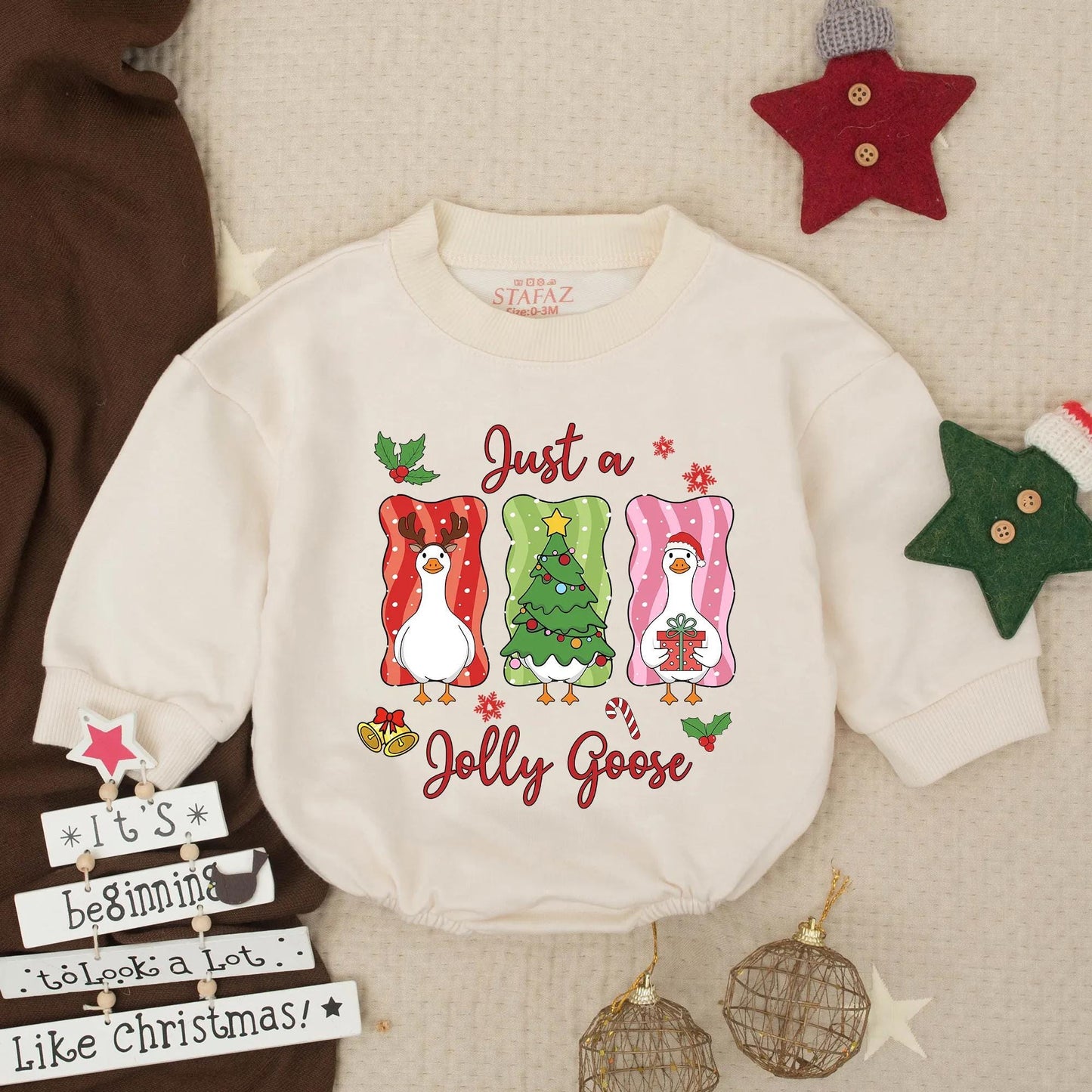 Just a Jolly Goose Christmas Bubble Romper Funny Cartoon Geese Festive Red Green Pink Gold Baby Toddler Outfit Cute Gift