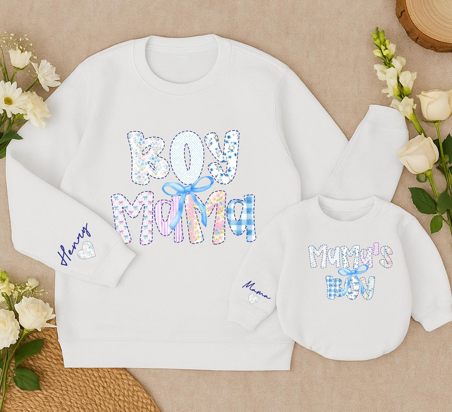 Boy Mama and Mama's Boy Matching Sweatshirts Cute Bow Retro Outfit Winter Sweaters Mommy and Me Clothes Grandmillennial Gift for Mom and Baby Soft Cotton (139)