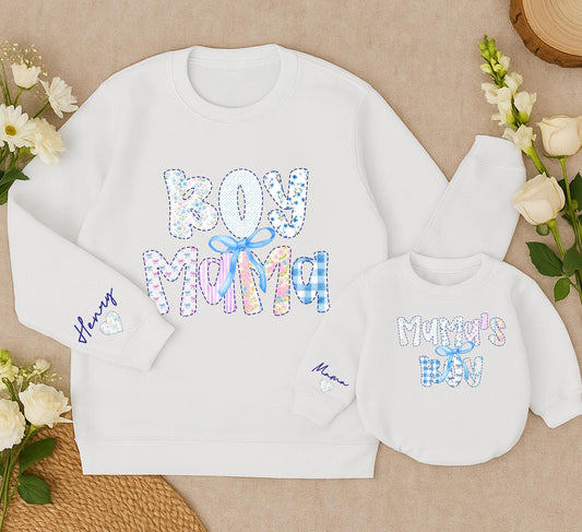 Boy Mama and Mama's Boy Matching Sweatshirts Cute Bow Retro Outfit Winter Sweaters Mommy and Me Clothes Grandmillennial Gift for Mom and Baby Soft Cotton (139)