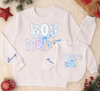 Boy Mama and Mama's Boy Matching Sweatshirts Cute Bow Retro Outfit Winter Sweaters Mommy and Me Clothes Grandmillennial Gift for Mom and Baby Soft Cotton (139)