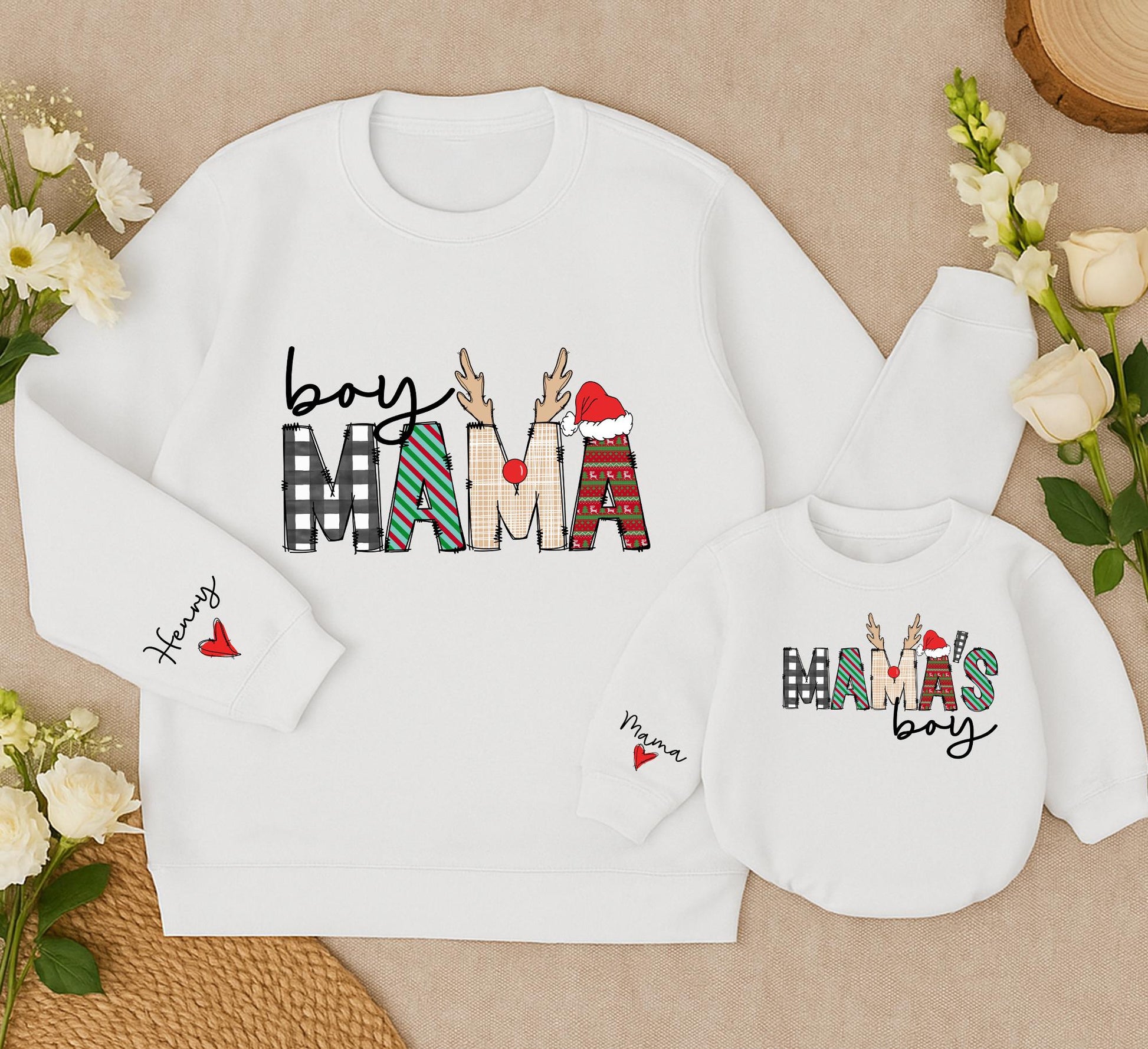 Custom Festive Boy Mama Matching Sweatshirt and Mama's Boy Baby Romper Set featuring Plaid Fair Isle Antlers Santa Hat Christmas Gift for Mom