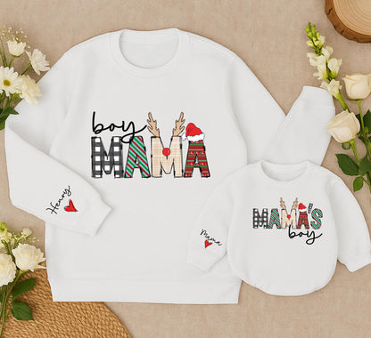 Custom Festive Boy Mama Matching Sweatshirt and Mama's Boy Baby Romper Set featuring Plaid Fair Isle Antlers Santa Hat Christmas Gift for Mom