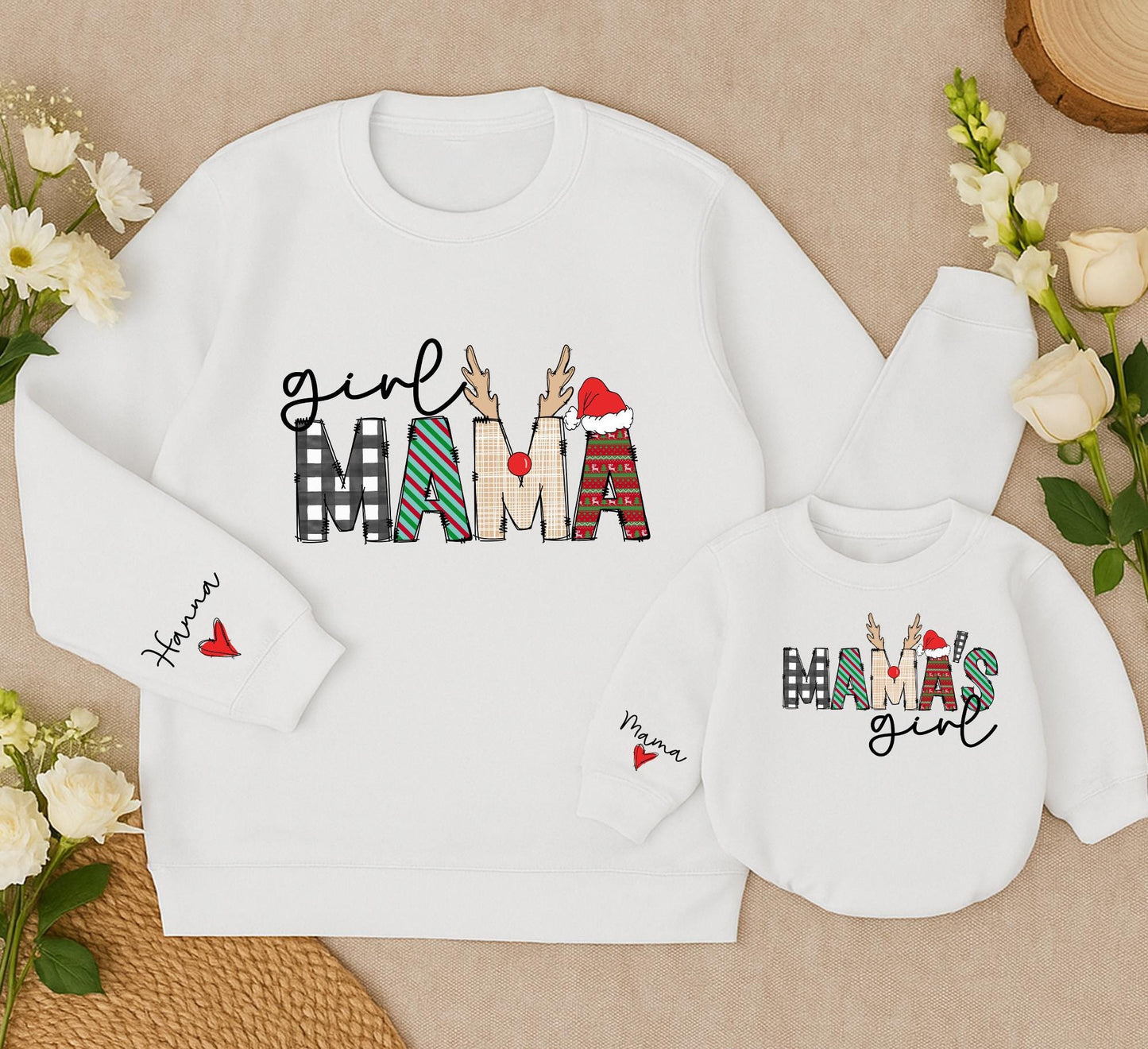 Sweet Girl Mama & Mama's Girl Christmas Sweatshirt Cozy Matching Outfits for Mom and Daughter Festive Buffalo Plaid & Deer Antler Designs