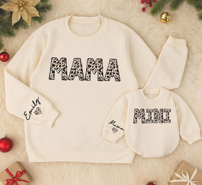 Personalized Mama & Mini Cowhide Sweatshirt Set, Matching Mom & Baby Outfit, Custom Name, Western Christmas Romper, Country Girl Gift Set 138