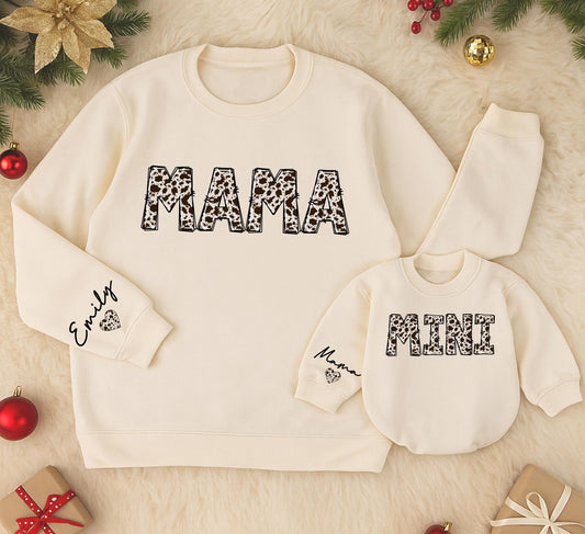 Personalized Mama & Mini Cowhide Sweatshirt Set, Matching Mom & Baby Outfit, Custom Name, Western Christmas Romper, Country Girl Gift Set 138